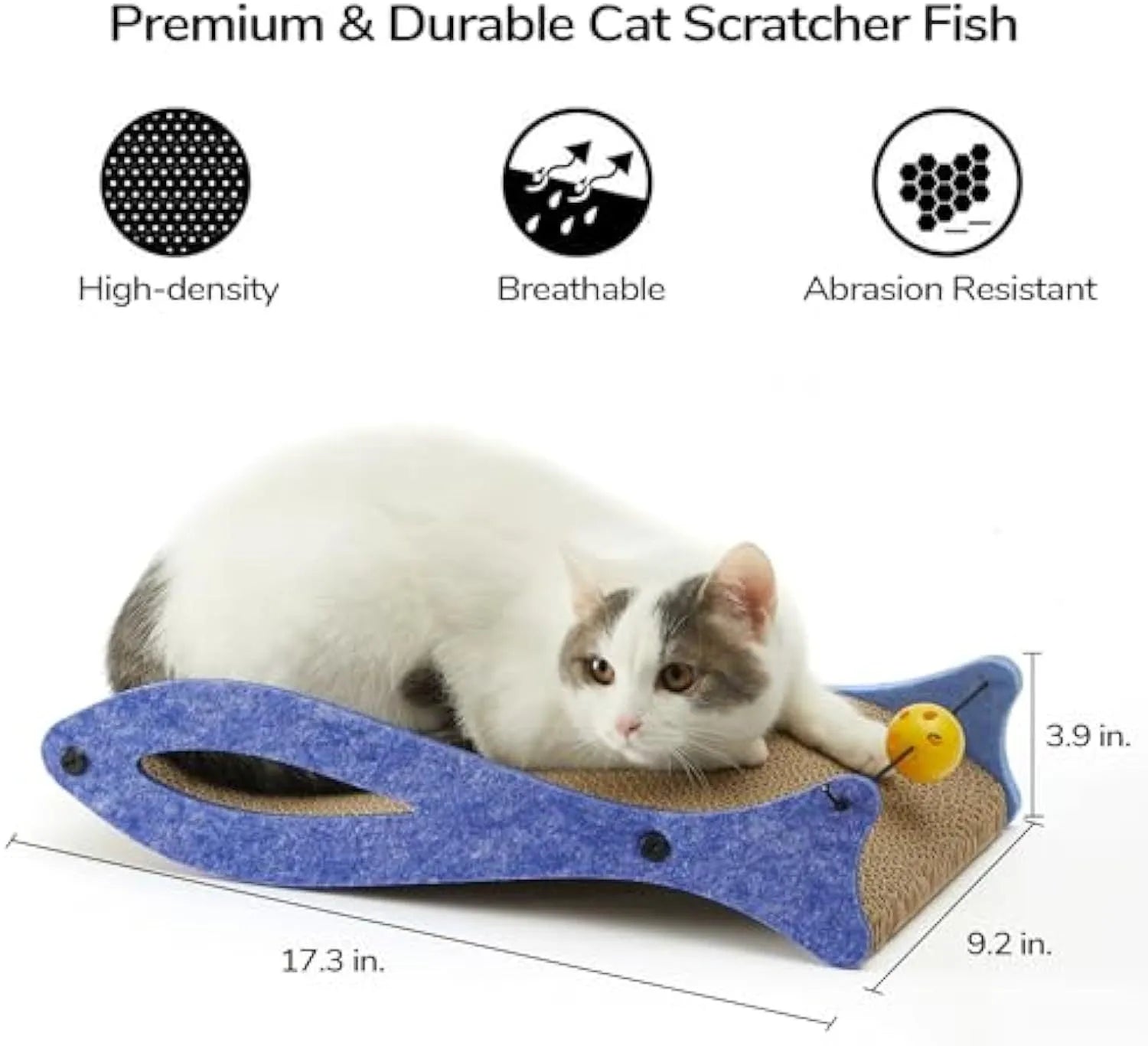 Blue fish-shaped cardboard cat scratcher with bell ball toys on elastic cord