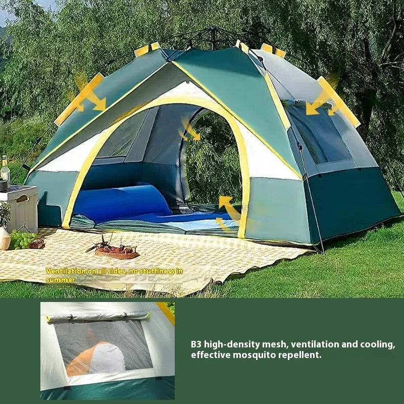 Dark green automatic opening family camping tent for 3-4 people with double-layer design