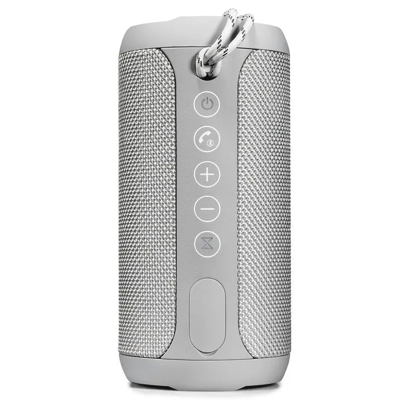 Waterproof outdoor Bluetooth speaker in red colour with control buttons and ports visible.