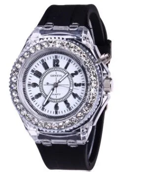 Women's LED luminous quartz watch with round 43mm dial on a silicone strap