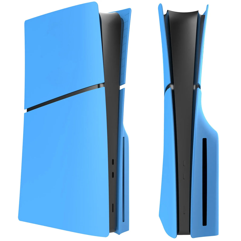 PS5 Slim replacement protective shell in ABS plastic showing colour options including blue, silver, black, red and white.