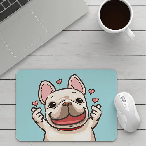 Custom cartoon thickening mouse pad on a desk, showing a colourful design with black stitched edge.