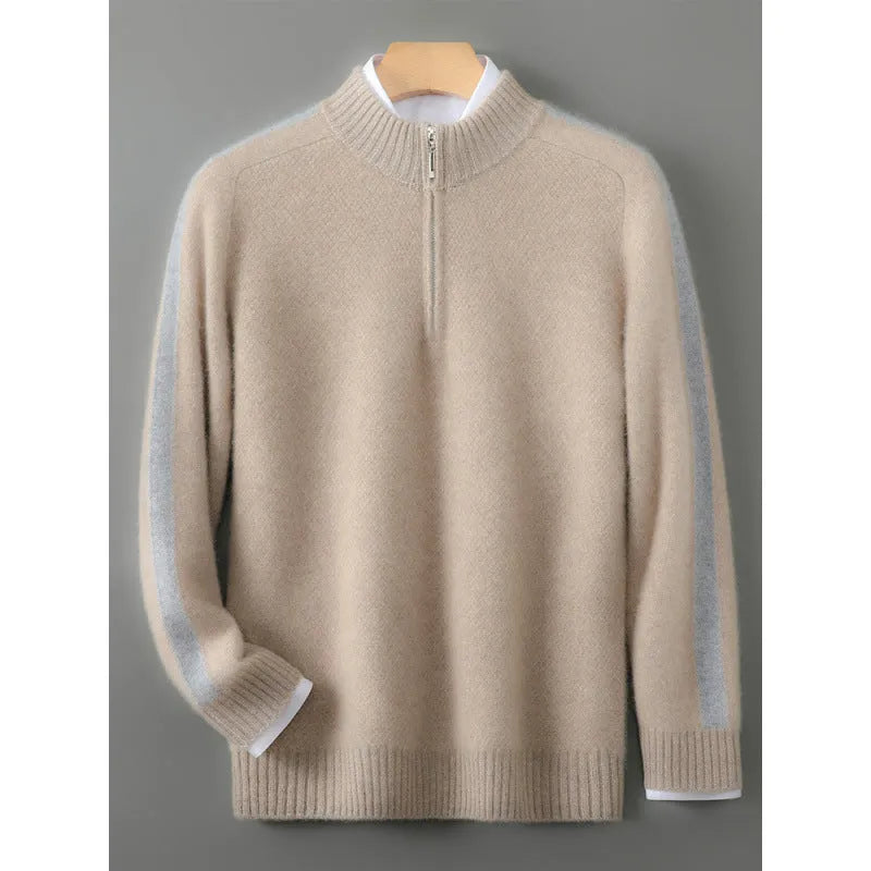 Sheep wool slim fit sweater with half-height zip in Raw Velvet Camel colour on hanger