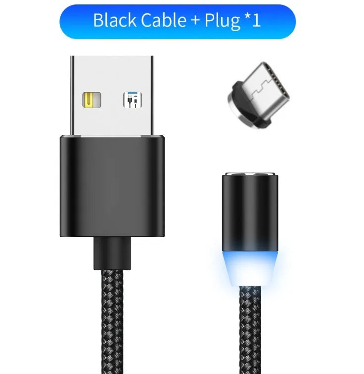 YBD black magnetic LED charging cable with cotton weave, aluminium shell, and LED light shown next to a smartphone.
