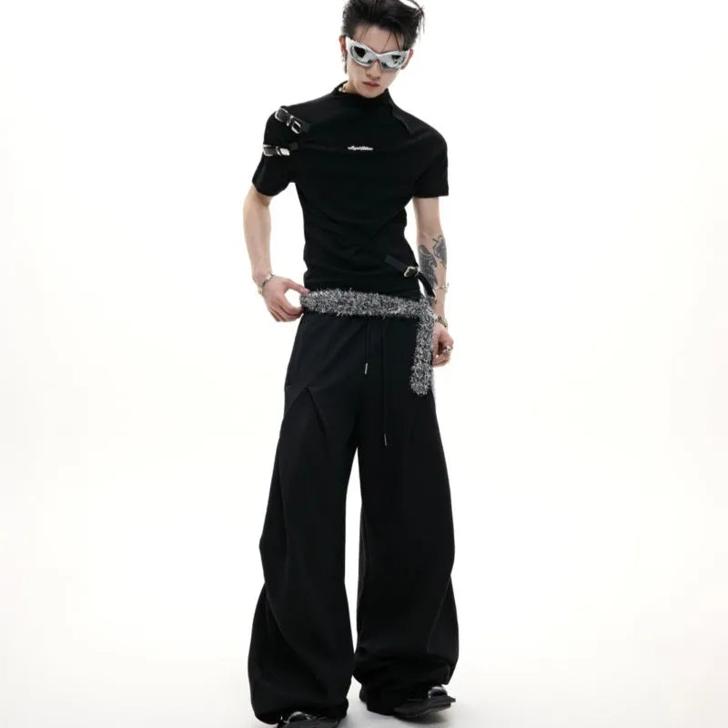 Men's black cotton short sleeve T-shirt with metal belt design and stand-up collar