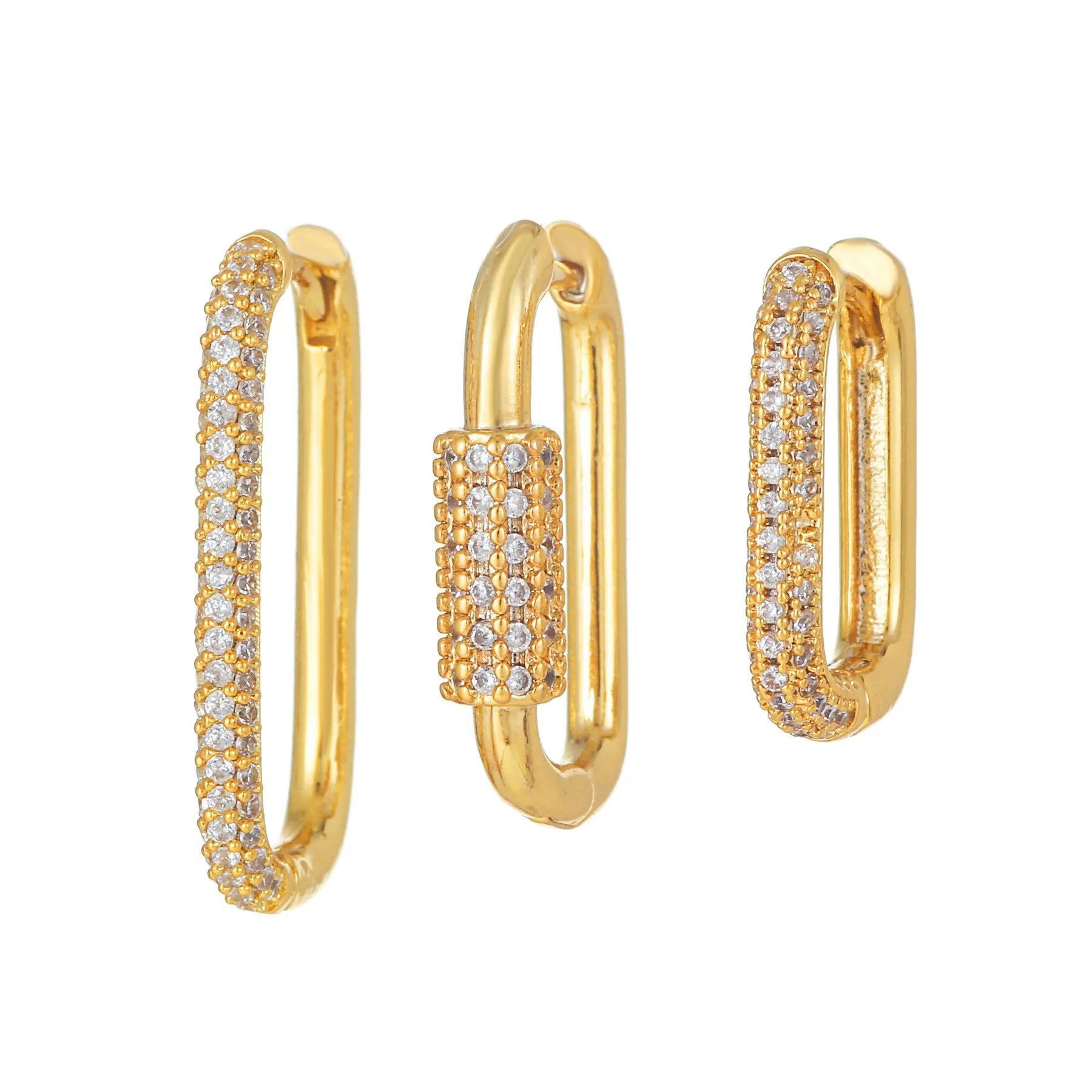 Three geometric copper ear clips with micro inlaid zircon treatment in gold and white colours