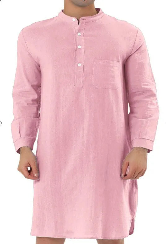 Men's simple cotton shirt robe with pocket available in white black and blue sizes S to XXL