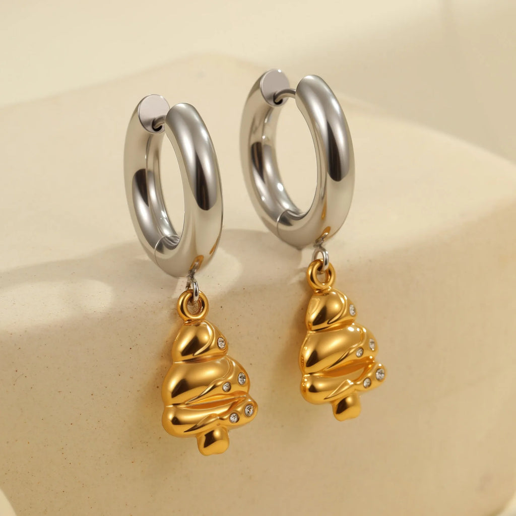 Gold Christmas tree earrings with heart and star shapes made from stainless steel with 18K plating