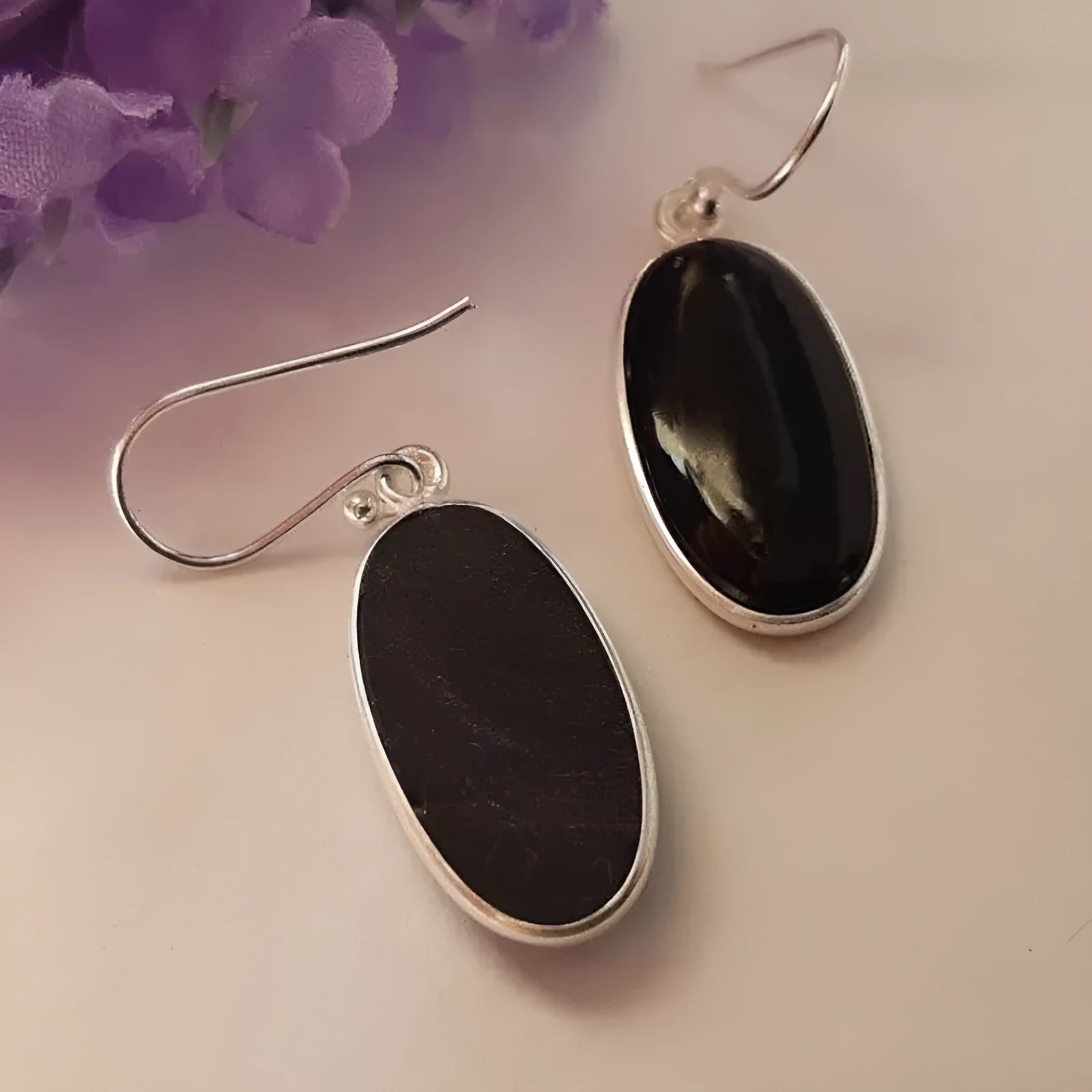 Pair of black geometric women's earrings with oval agate pendants and 925 silver ear wires.