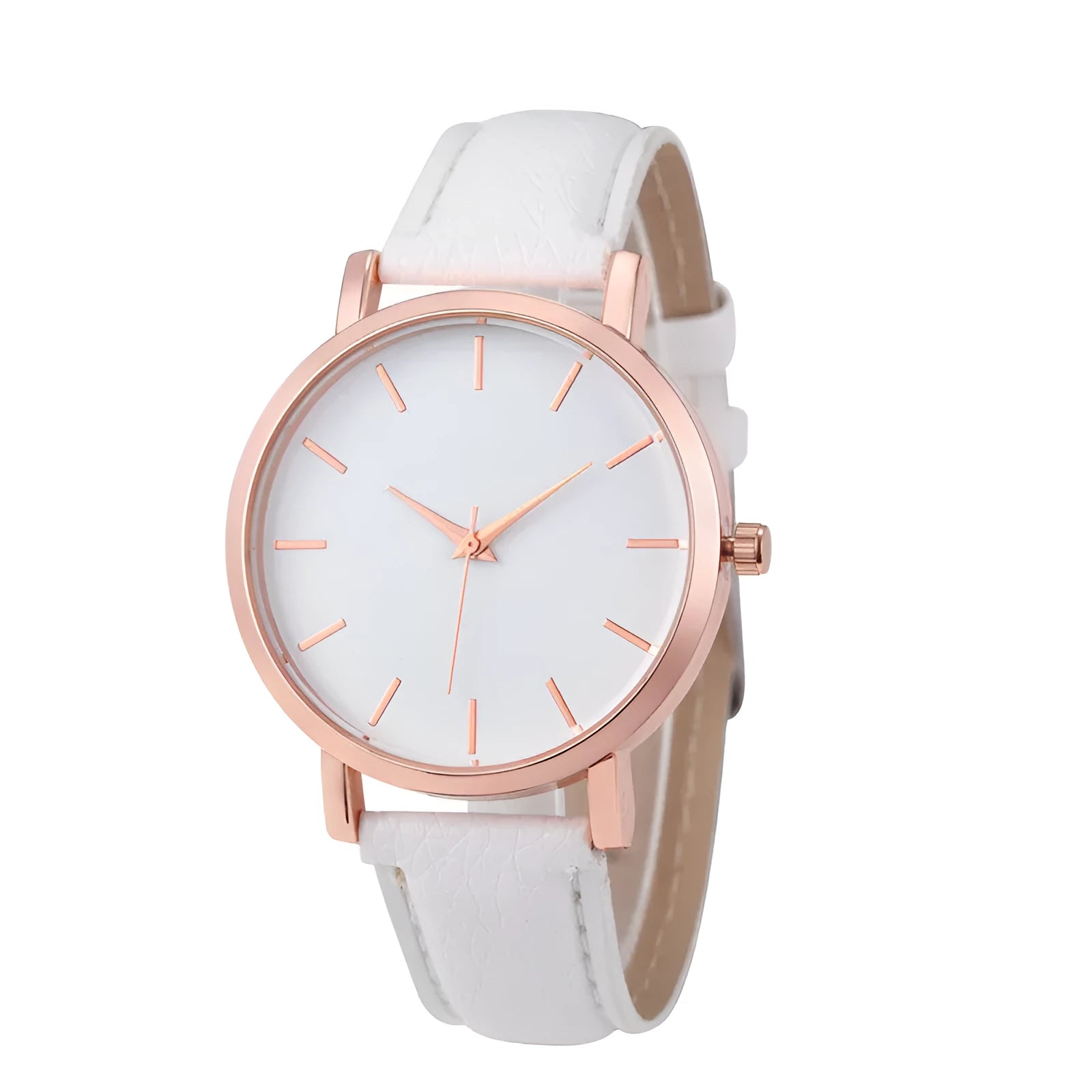 Square-faced quartz watch with a PU leather strap showing colour options on a white background.