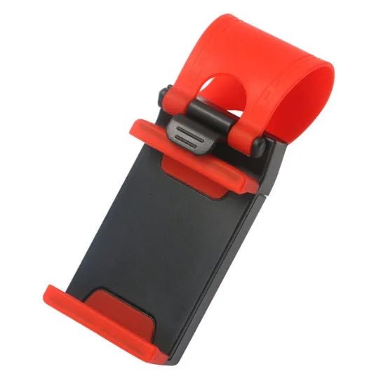 Black steering wheel clip mount holding smartphone on car steering wheel