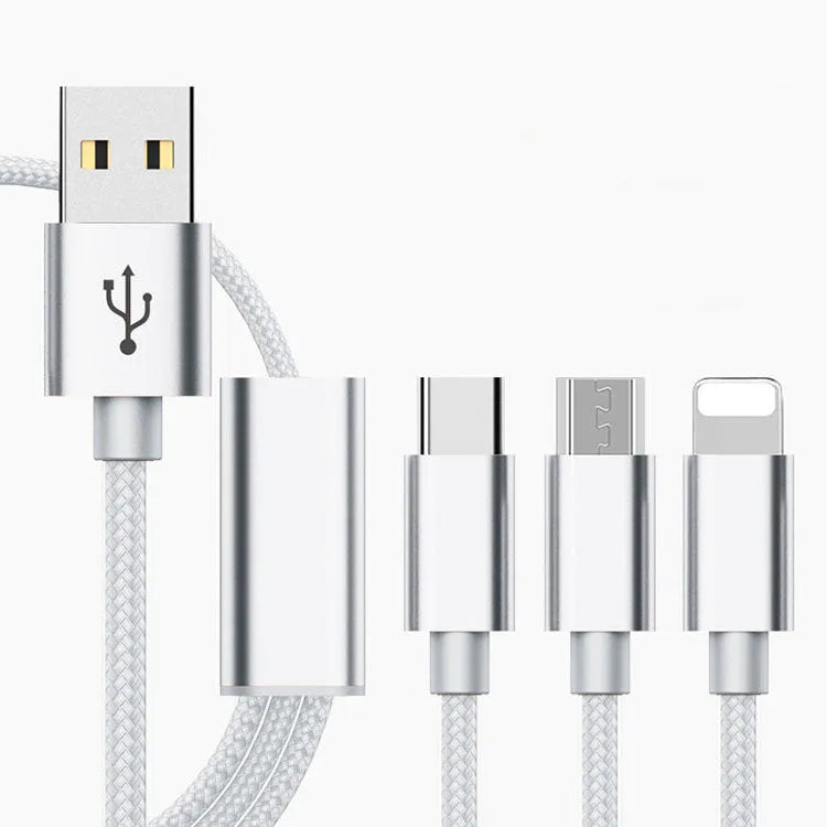 Three-in-one Micro USB charging cable in multiple colours showing 1.2 metre length