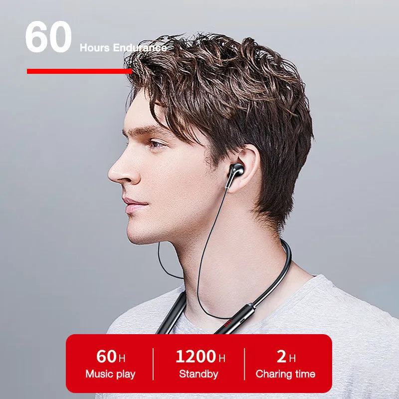 Sports neckband wireless headphones in black and red with 200mm ear cord and Bluetooth 5.0