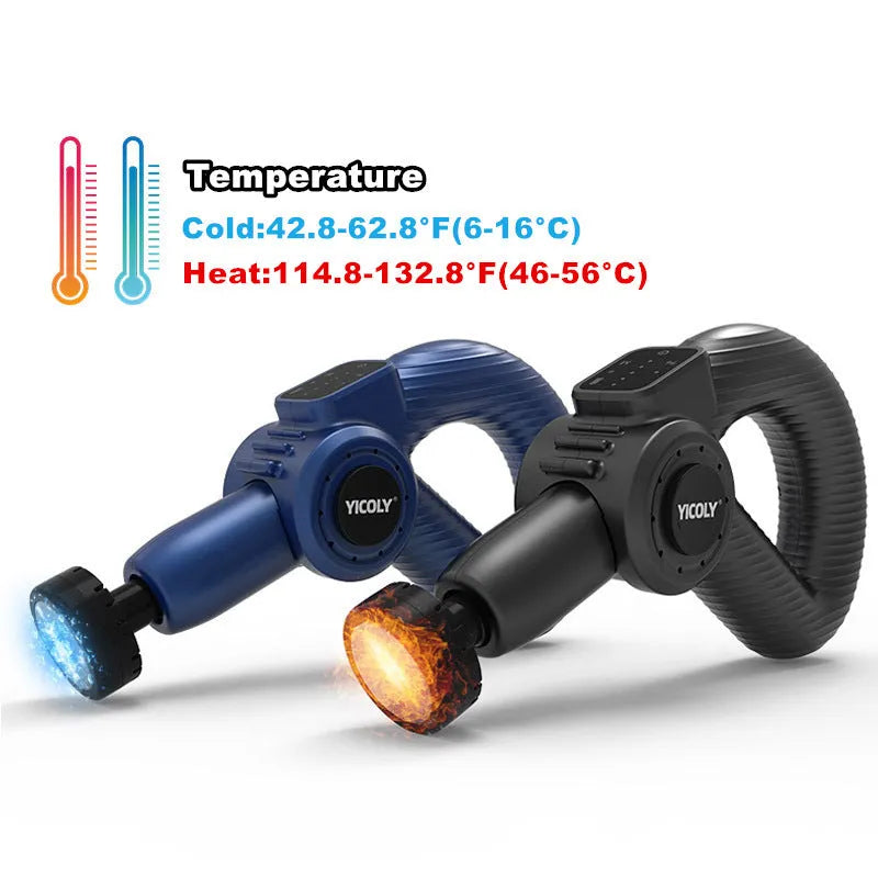 Black intelligent muscle massage gun with adjustable angle, five massage heads, and a storage bag.