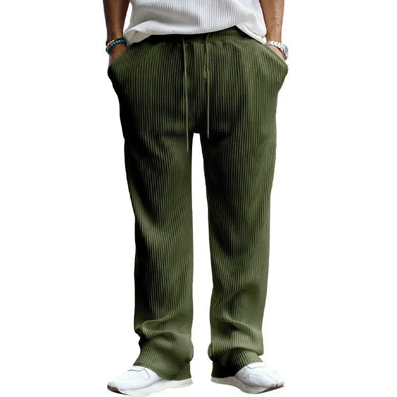 Men's casual loose straight trousers in army green with high waist and striped pattern
