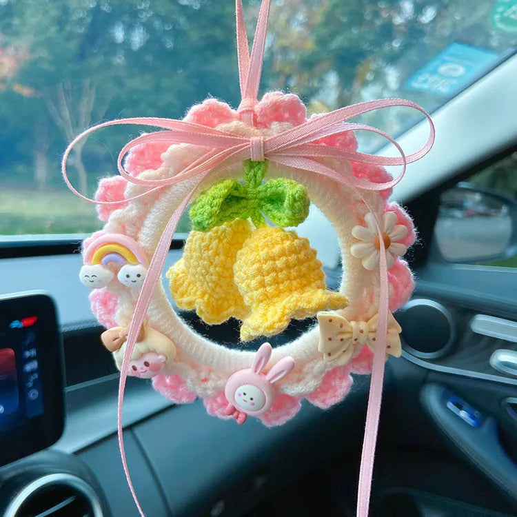 Handmade woven wool bell orchid car pendant in multiple colour options