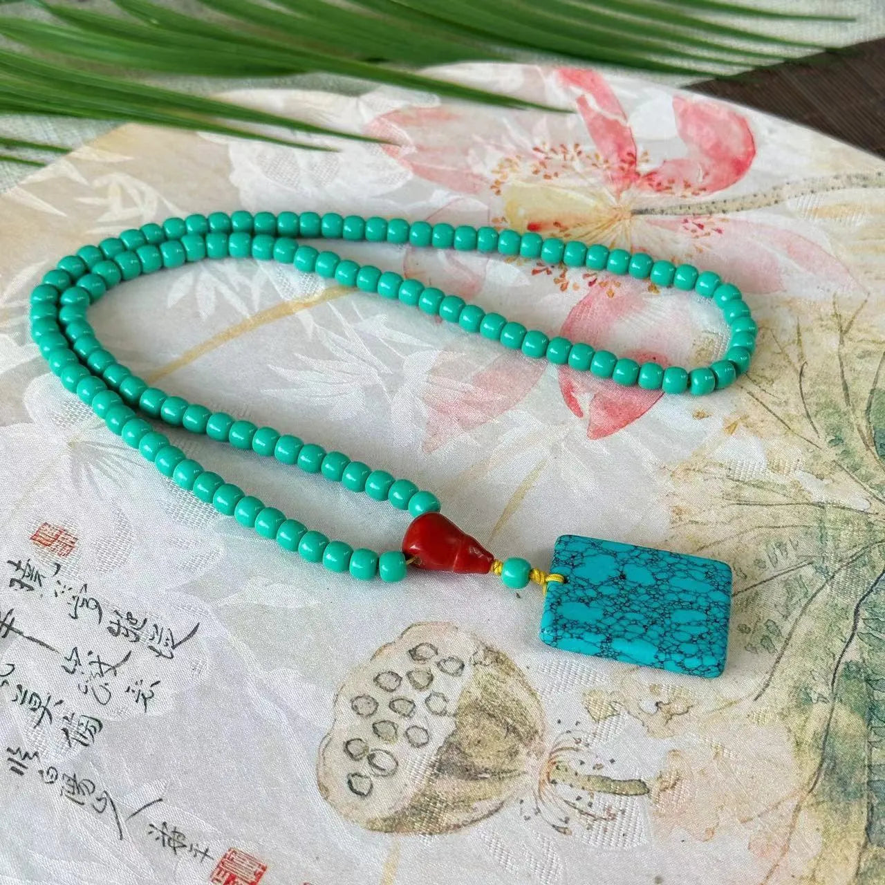 Turquoise mesh flower pendant necklace with adjustable ball bead chain