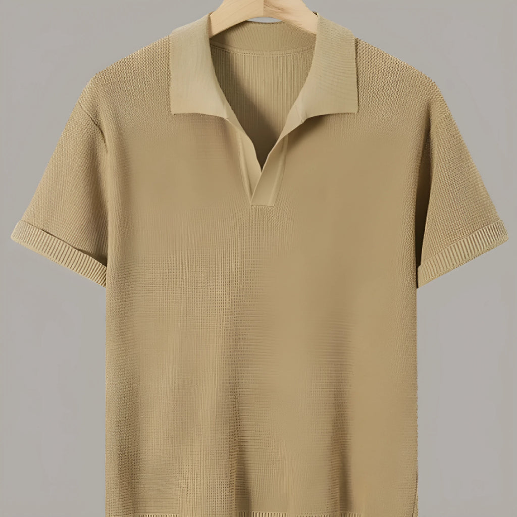 Men's short-sleeve knitted sweater with breathable waffle texture in Khaki colour, casual pullover design
