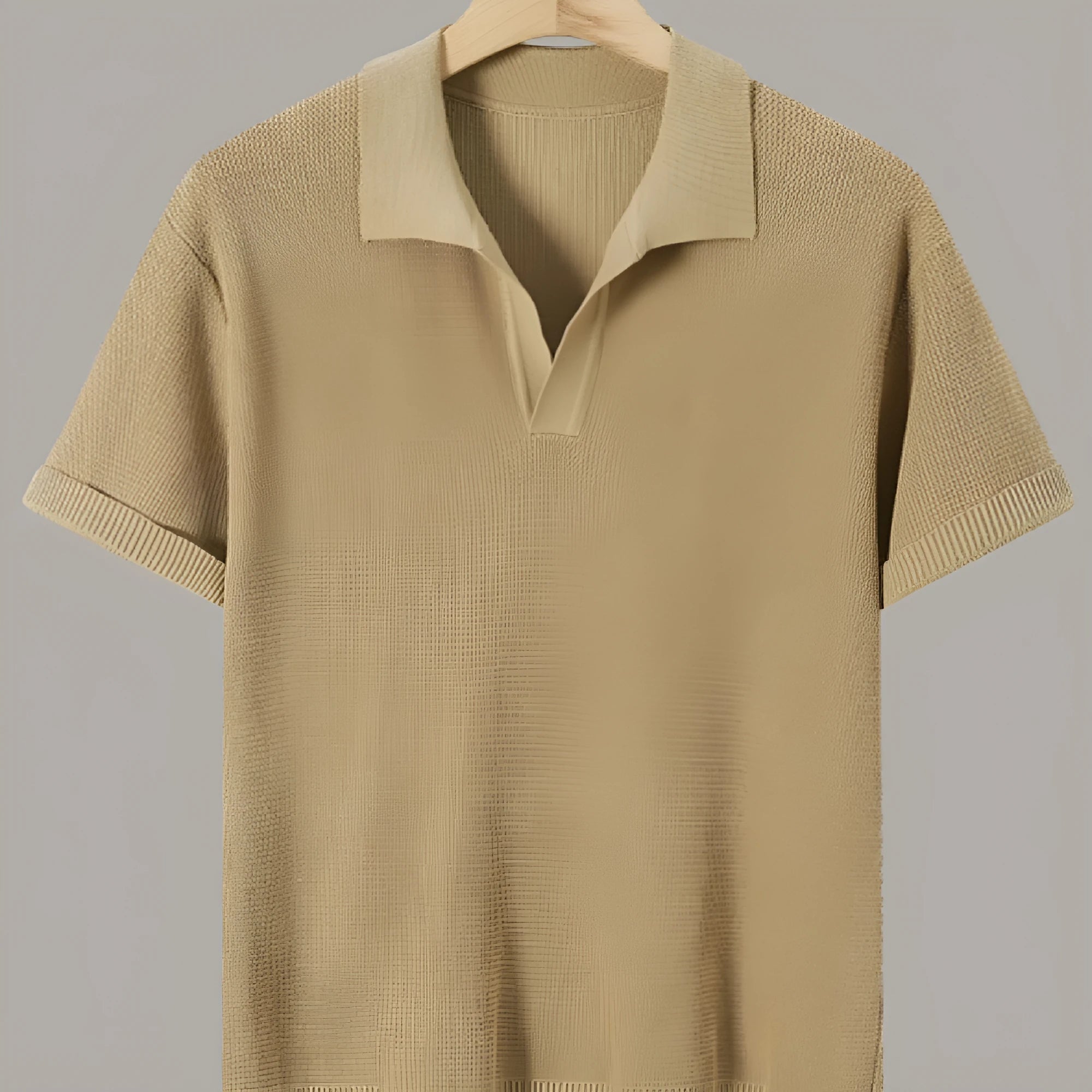 Men's short-sleeve knitted sweater with breathable waffle texture in Khaki colour, casual pullover design