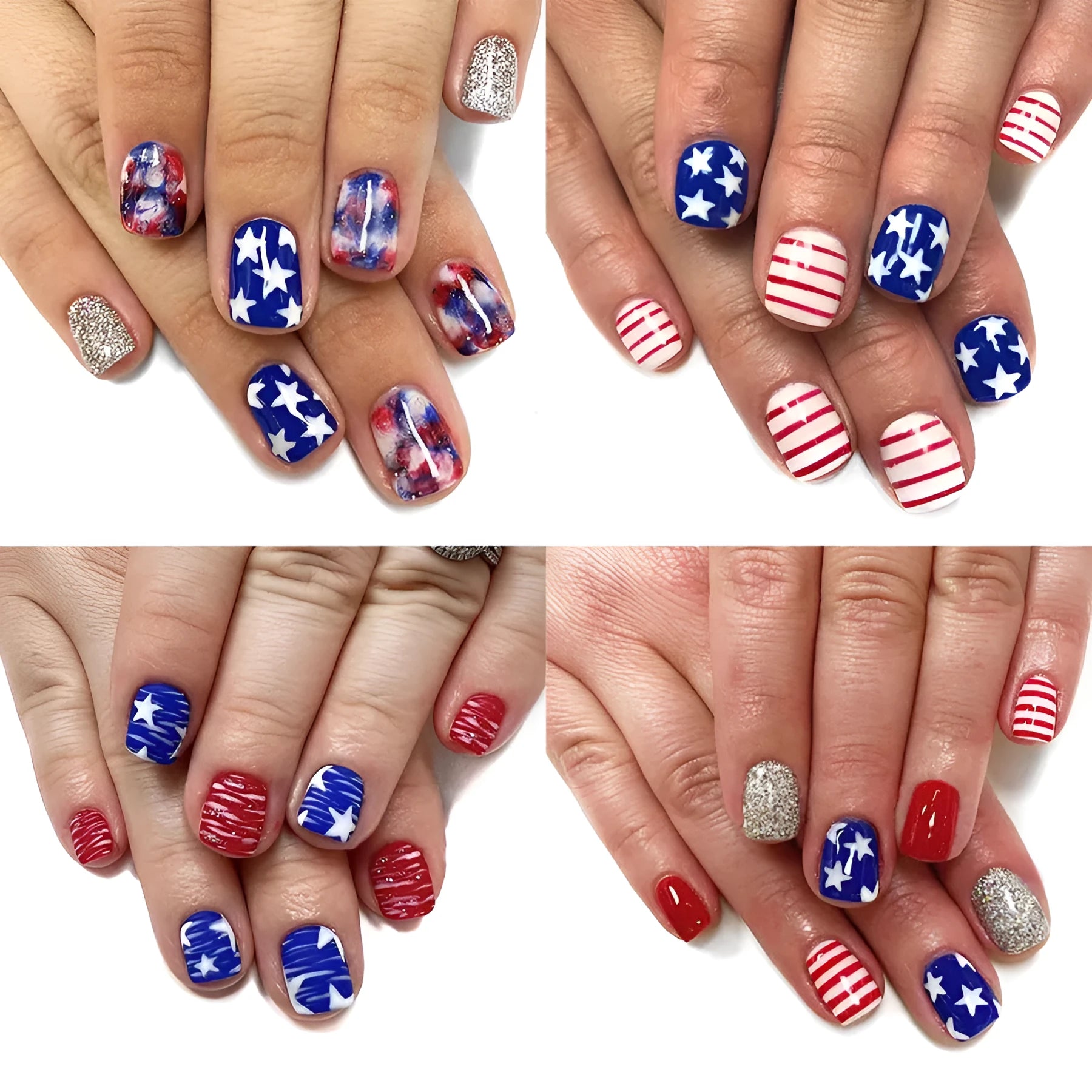 Box of finished glitter red and blue multicolor Independence Day nail tips in a short European Square shape.