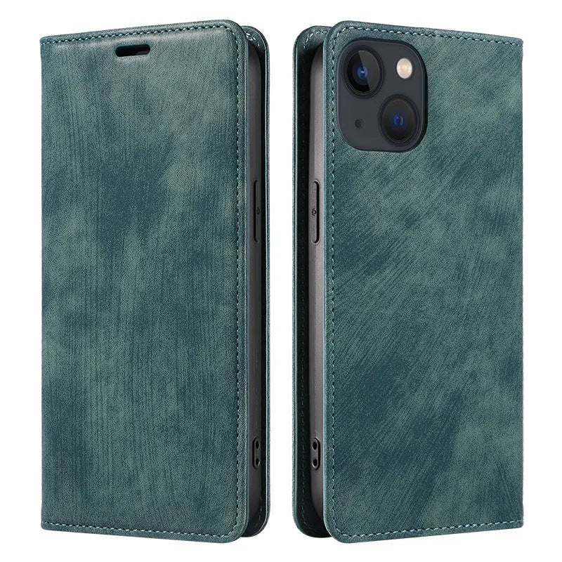Magnetic leather and TPU flip phone case for iPhone shown in black, blue, and brown colours.