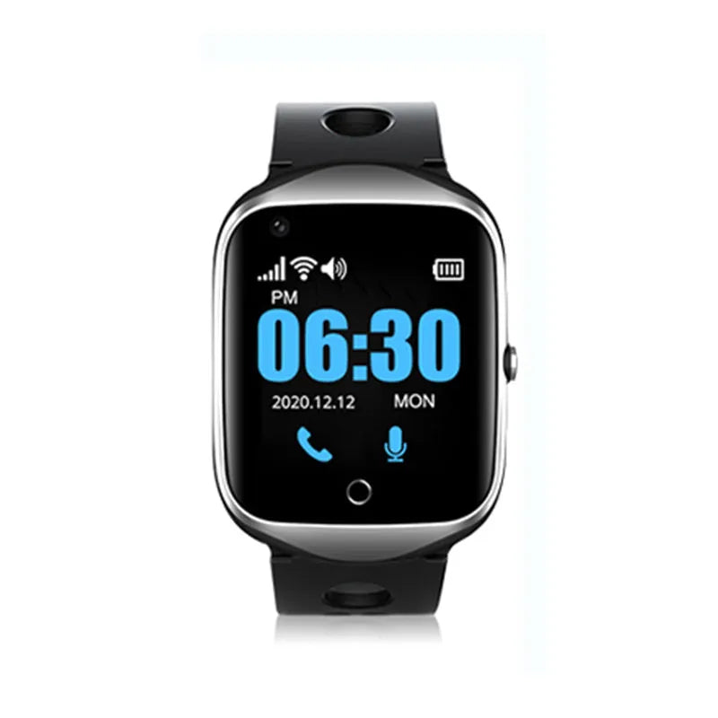 Square screen elderly phone watch with silicone strap in black, blue, or silver colour options