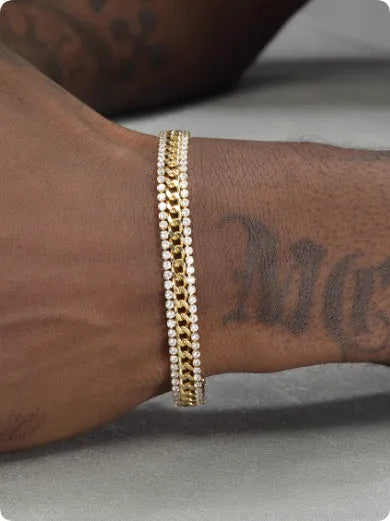 Gold tennis bracelet with artificial gemstone details on titanium steel band