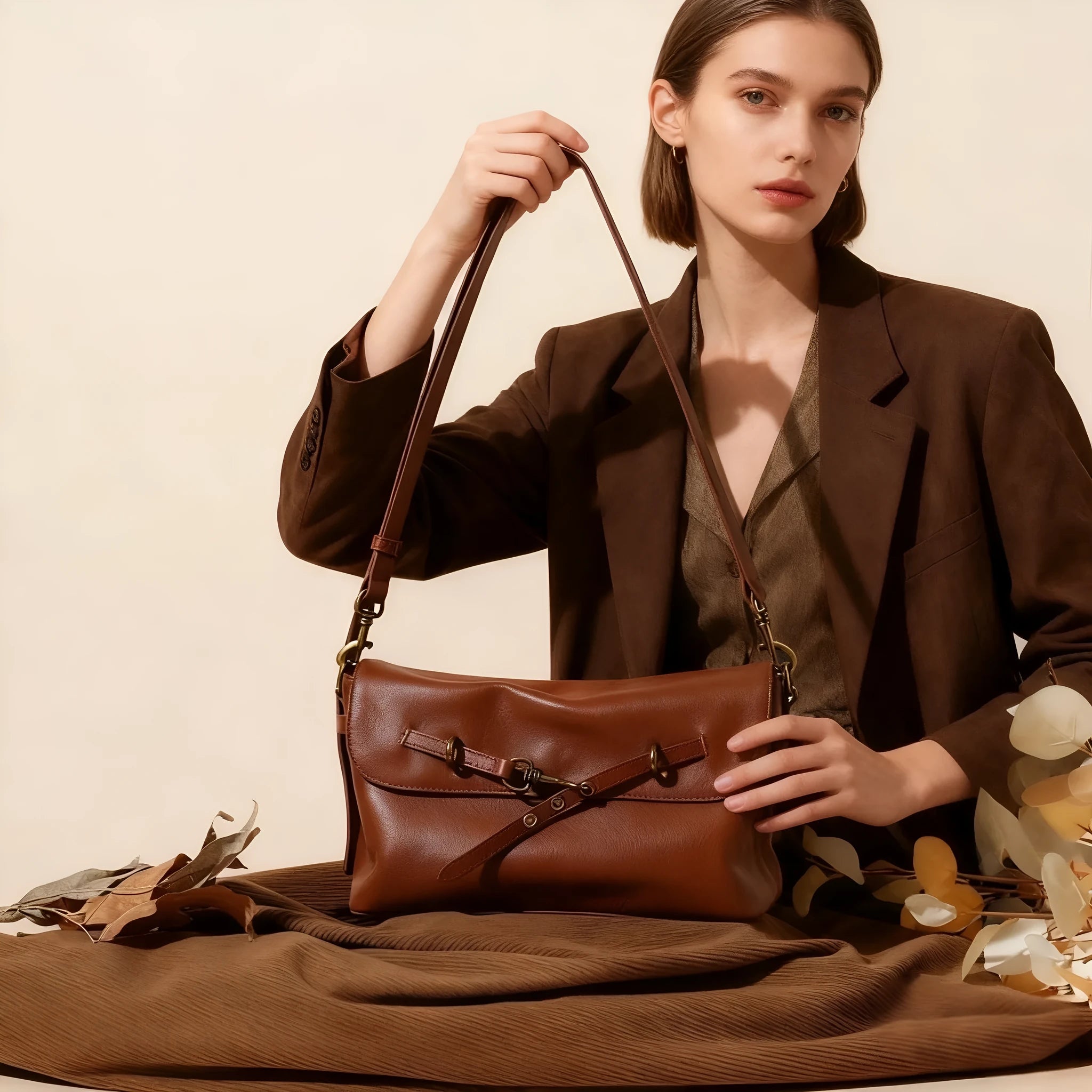 Genuine leather crossbody bag in Sugar Brown with sewing thread detail and clamshell opening
