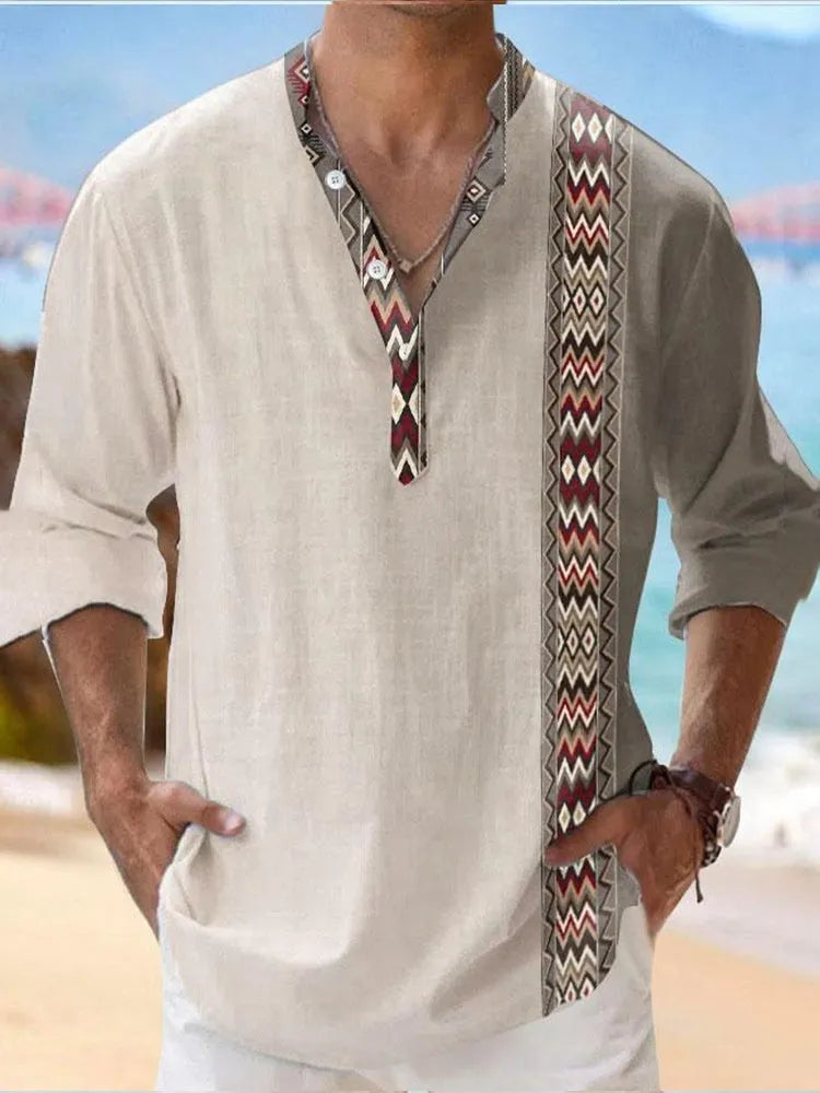 Thin striped Hawaiian long sleeve shirt in polyester fabric on a hanger