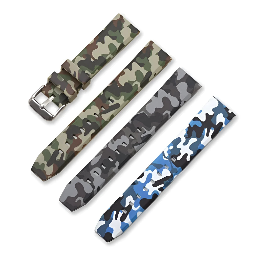 Green camouflage silicone watch strap showing flat head design and buckle, next to 20mm 22mm 24mm size indicators.