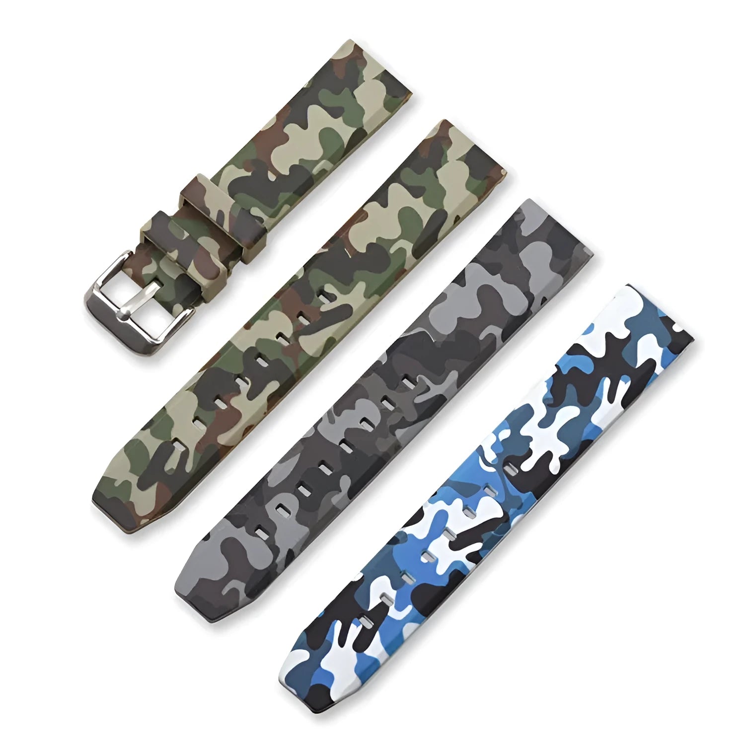 Green camouflage silicone watch strap showing flat head design and buckle, next to 20mm 22mm 24mm size indicators.