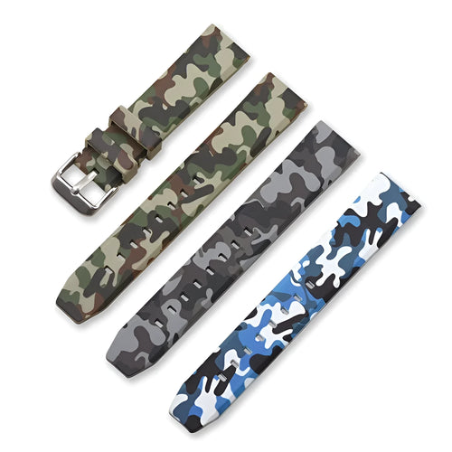 Green camouflage silicone watch strap showing flat head design and buckle, next to 20mm 22mm 24mm size indicators.
