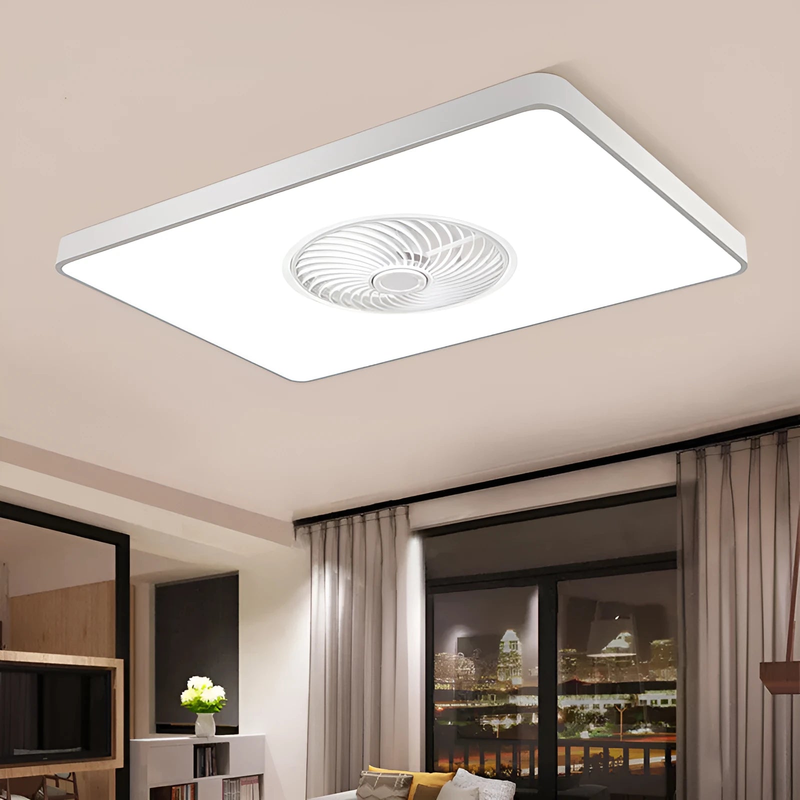 Nordic-style ceiling fan lamp with three solid wood bases in rectangular, round, and square designs