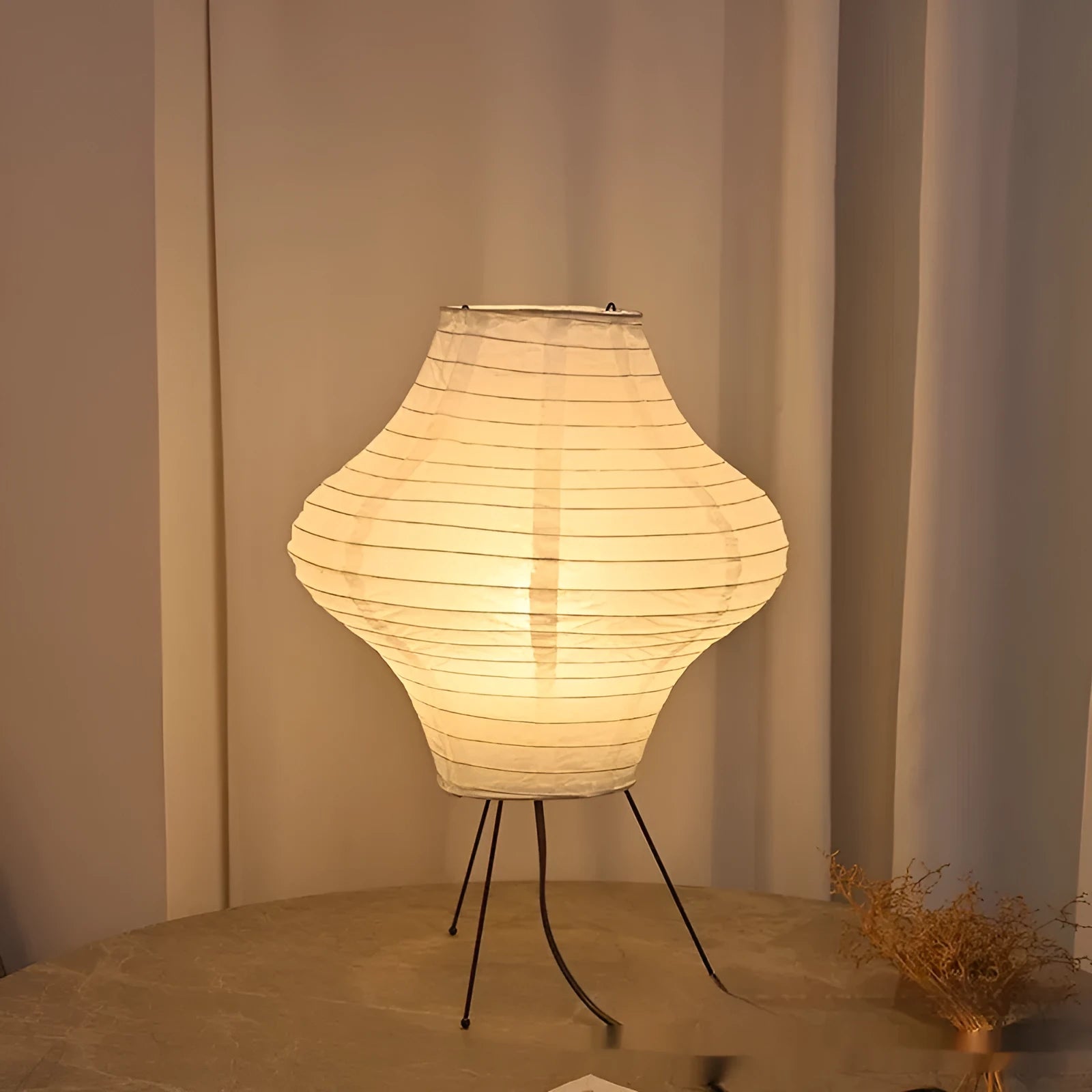 Japanese-style decorative table lamp with tricolour lighting measuring 32cm wide by 45cm tall