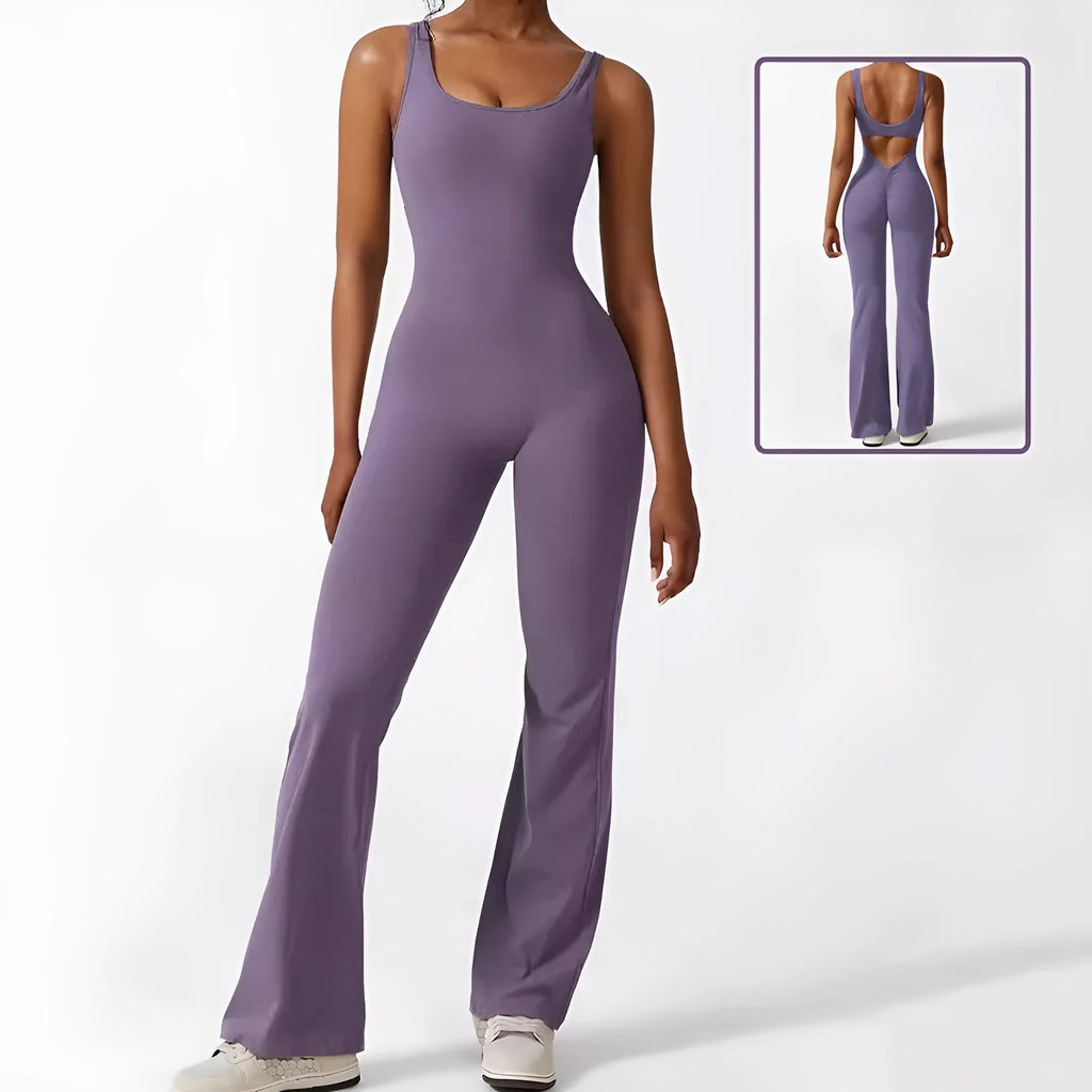 Women's sleeveless flare jumpsuit long pants in Army Green colour for yoga fitness.