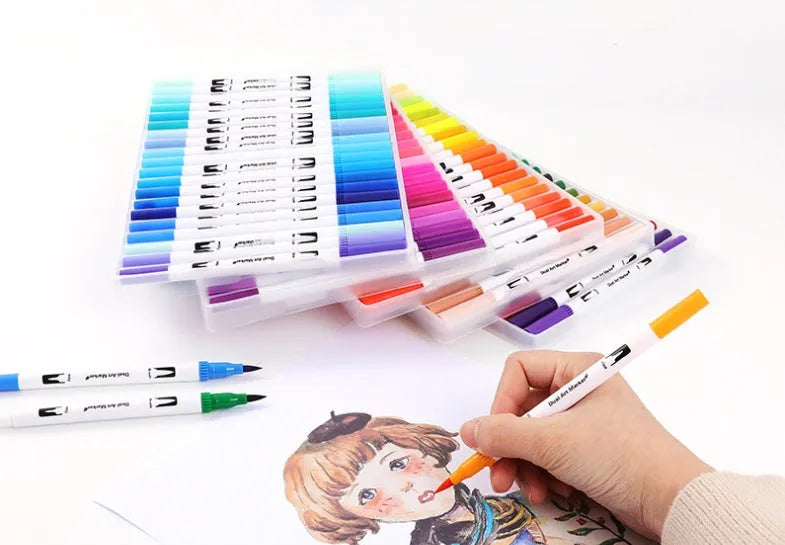 Set of watercolour pens in a plastic casing, showing nib tips, available in 48, 60, 72 and 100 colour sets.