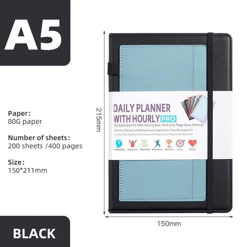 A5 notebook with purple PU cover closed by a black elastic strap