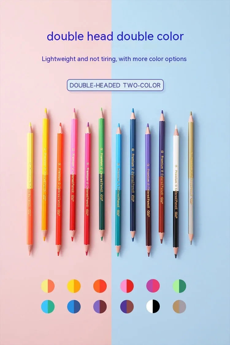 Set of wooden colouring pencils with dual-tip leads, showing 12 and 24 colour set options.