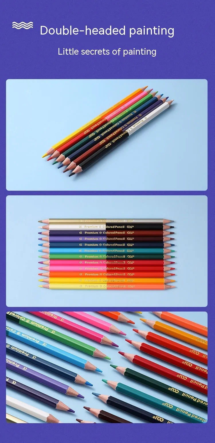 Set of wooden colouring pencils with dual-tip leads, showing 12 and 24 colour set options.