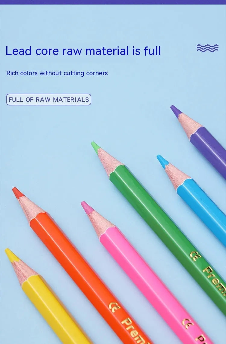 Set of wooden colouring pencils with dual-tip leads, showing 12 and 24 colour set options.