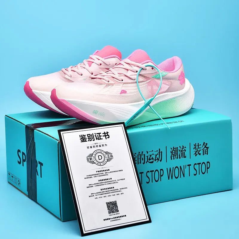Low-top racing sneaker with carbon plate technology, PU mesh upper, and natural rubber sole in multiple colour options.
