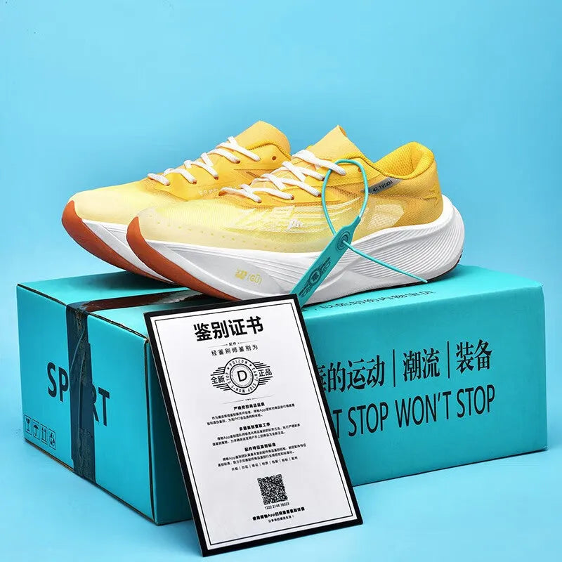 Low-top racing sneaker with carbon plate technology, PU mesh upper, and natural rubber sole in multiple colour options.