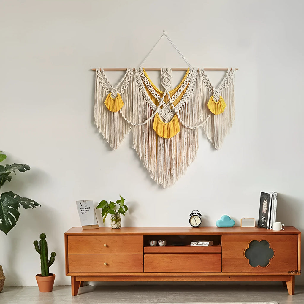 Hand-made cotton Nordic tapestry wall hanging in creamy white with yellow accents, 120cm by 95cm