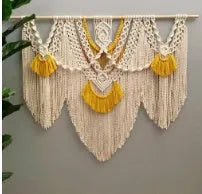 Hand-made cotton Nordic tapestry wall hanging in creamy white with yellow accents, 120cm by 95cm