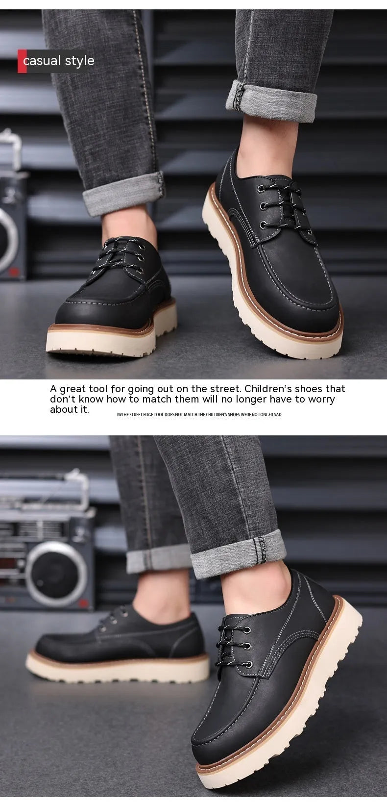 Men's black retro Martin-style low-top boots with round toe and non-slip rubber sole.