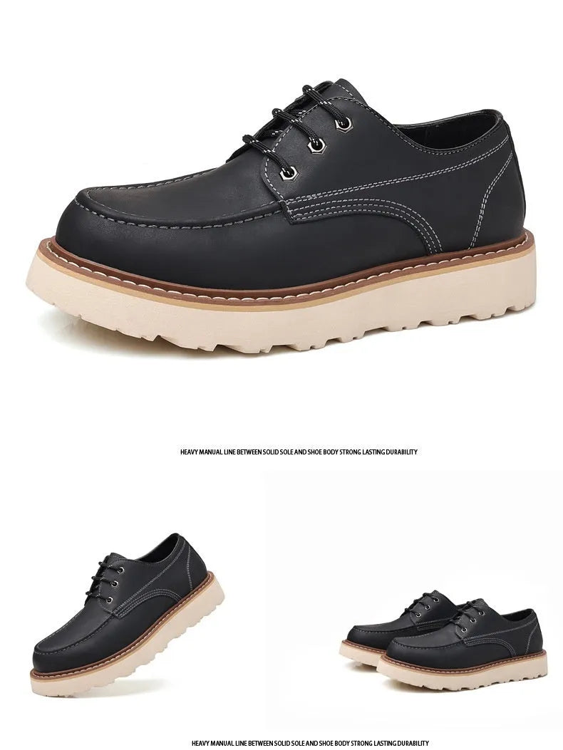 Men's black retro Martin-style low-top boots with round toe and non-slip rubber sole.