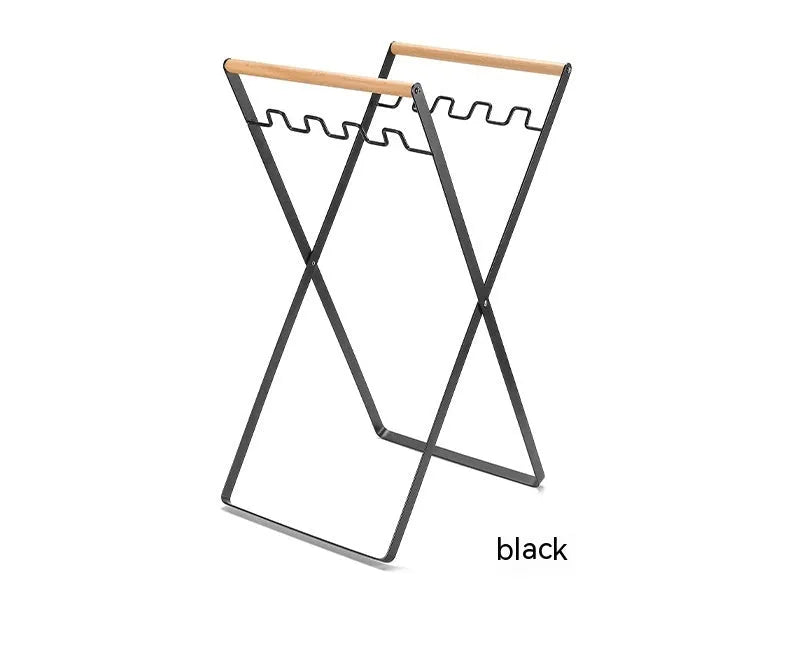 Wooden handle wrought iron folding garbage storage hanger with height adjustment mechanism