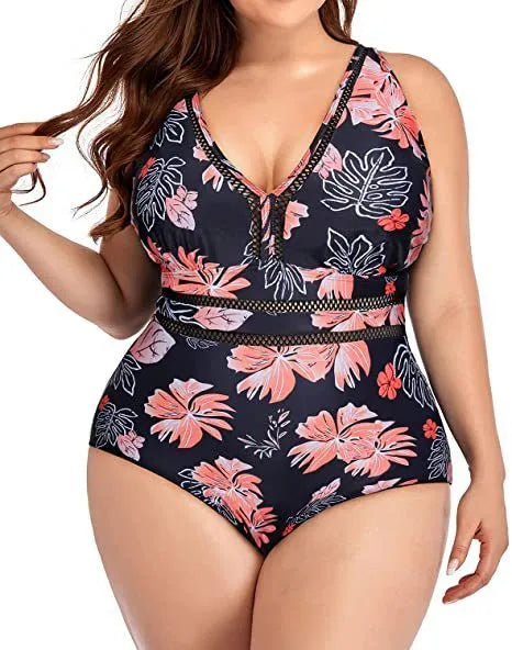 Plus-size black printed bikini swimsuit with mesh stitching on polyester fabric