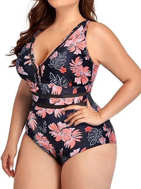 Plus-size black printed bikini swimsuit with mesh stitching on polyester fabric