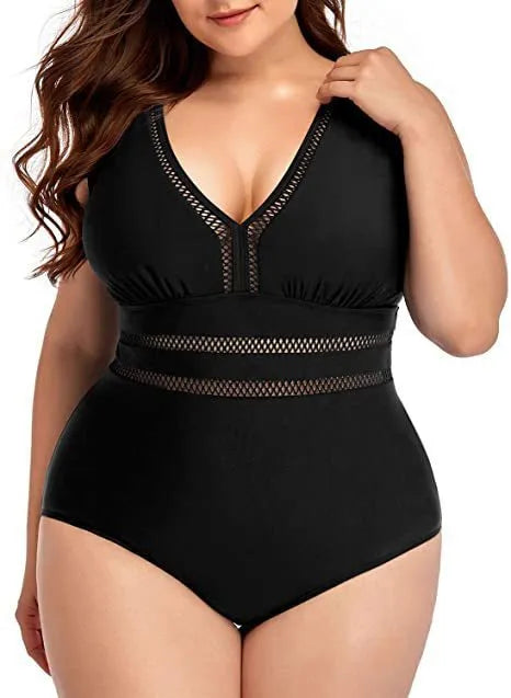 Plus-size black printed bikini swimsuit with mesh stitching on polyester fabric